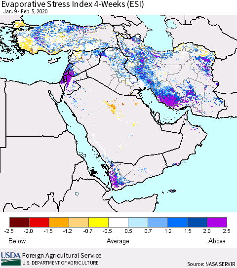 Middle East and Turkey Evaporative Stress Index (ESI), 4-Weeks Thematic Map For 2/3/2020 - 2/9/2020
