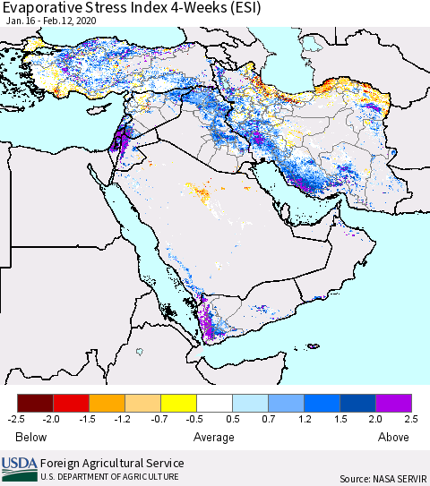 Middle East and Turkey Evaporative Stress Index (ESI), 4-Weeks Thematic Map For 2/10/2020 - 2/16/2020