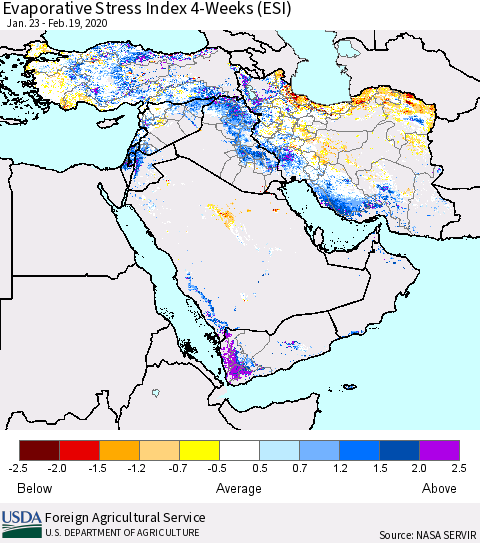 Middle East and Turkey Evaporative Stress Index (ESI), 4-Weeks Thematic Map For 2/17/2020 - 2/23/2020
