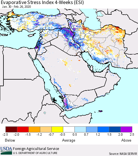 Middle East and Turkey Evaporative Stress Index (ESI), 4-Weeks Thematic Map For 2/24/2020 - 3/1/2020