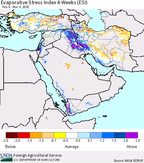 Middle East and Turkey Evaporative Stress Index (ESI), 4-Weeks Thematic Map For 3/2/2020 - 3/8/2020