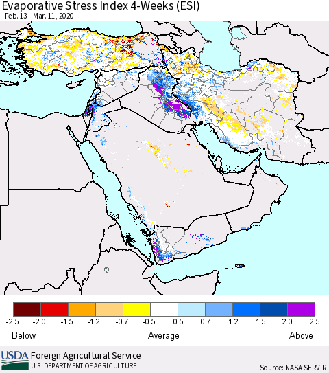 Middle East and Turkey Evaporative Stress Index (ESI), 4-Weeks Thematic Map For 3/9/2020 - 3/15/2020