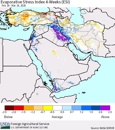 Middle East and Turkey Evaporative Stress Index (ESI), 4-Weeks Thematic Map For 3/16/2020 - 3/22/2020