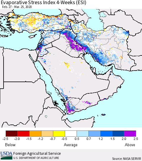 Middle East and Turkey Evaporative Stress Index (ESI), 4-Weeks Thematic Map For 3/23/2020 - 3/29/2020