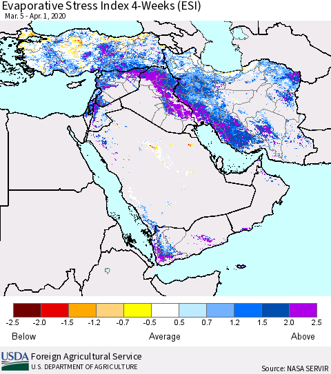 Middle East and Turkey Evaporative Stress Index (ESI), 4-Weeks Thematic Map For 3/30/2020 - 4/5/2020