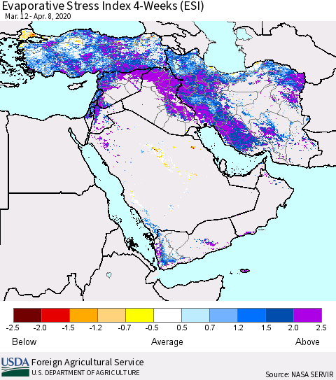 Middle East and Turkey Evaporative Stress Index (ESI), 4-Weeks Thematic Map For 4/6/2020 - 4/12/2020