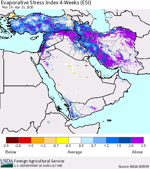 Middle East and Turkey Evaporative Stress Index (ESI), 4-Weeks Thematic Map For 4/13/2020 - 4/19/2020