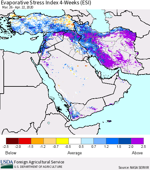 Middle East and Turkey Evaporative Stress Index (ESI), 4-Weeks Thematic Map For 4/20/2020 - 4/26/2020