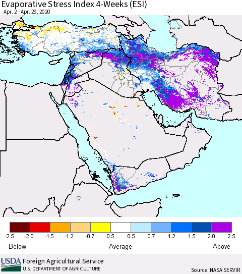 Middle East and Turkey Evaporative Stress Index (ESI), 4-Weeks Thematic Map For 4/27/2020 - 5/3/2020