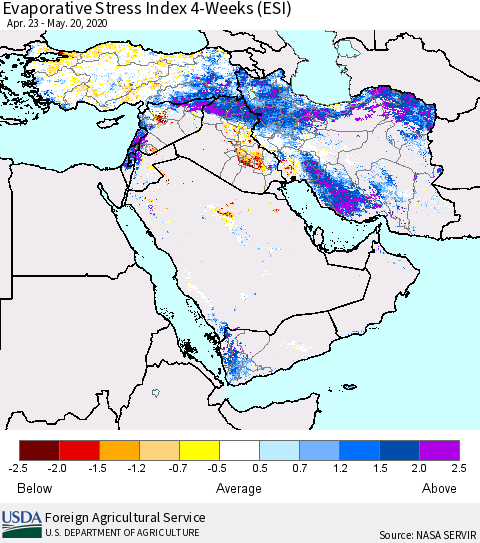 Middle East and Turkey Evaporative Stress Index (ESI), 4-Weeks Thematic Map For 5/18/2020 - 5/24/2020