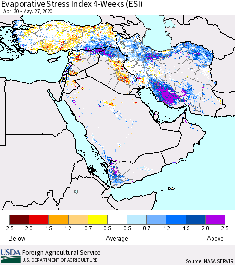 Middle East and Turkey Evaporative Stress Index (ESI), 4-Weeks Thematic Map For 5/25/2020 - 5/31/2020