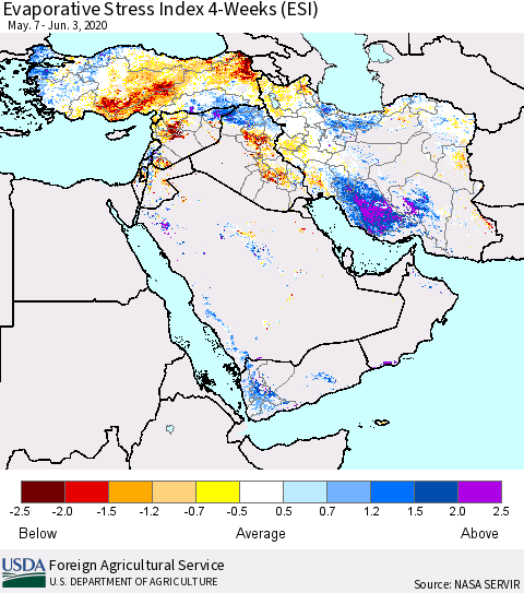 Middle East and Turkey Evaporative Stress Index (ESI), 4-Weeks Thematic Map For 6/1/2020 - 6/7/2020