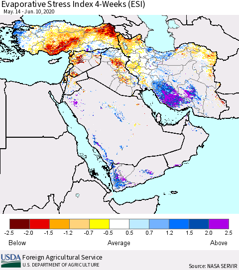 Middle East and Turkey Evaporative Stress Index (ESI), 4-Weeks Thematic Map For 6/8/2020 - 6/14/2020
