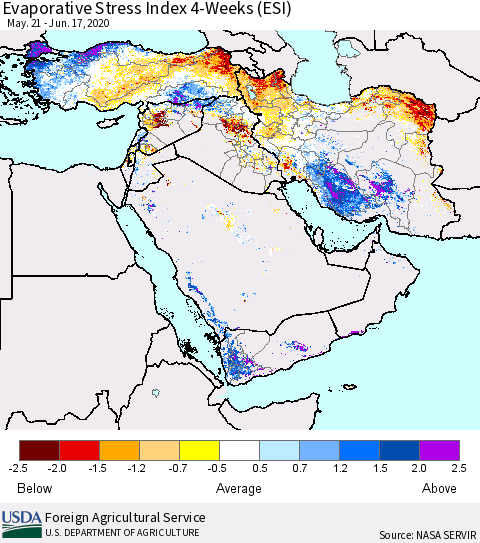 Middle East and Turkey Evaporative Stress Index (ESI), 4-Weeks Thematic Map For 6/15/2020 - 6/21/2020