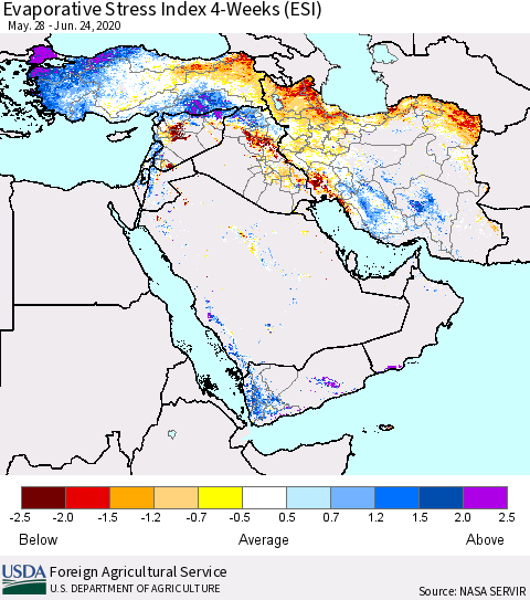 Middle East and Turkey Evaporative Stress Index (ESI), 4-Weeks Thematic Map For 6/22/2020 - 6/28/2020
