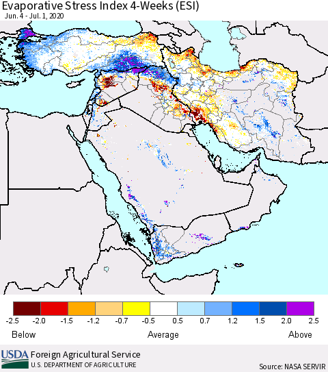 Middle East and Turkey Evaporative Stress Index (ESI), 4-Weeks Thematic Map For 6/29/2020 - 7/5/2020