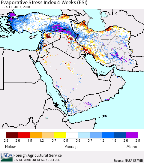 Middle East and Turkey Evaporative Stress Index (ESI), 4-Weeks Thematic Map For 7/6/2020 - 7/12/2020
