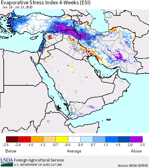 Middle East and Turkey Evaporative Stress Index (ESI), 4-Weeks Thematic Map For 7/13/2020 - 7/19/2020