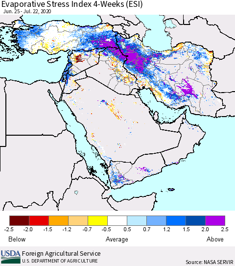 Middle East and Turkey Evaporative Stress Index (ESI), 4-Weeks Thematic Map For 7/20/2020 - 7/26/2020