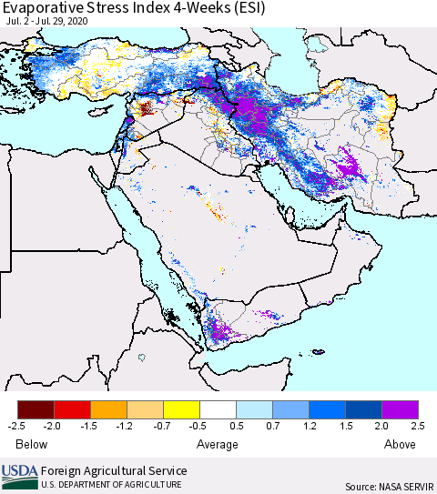 Middle East and Turkey Evaporative Stress Index (ESI), 4-Weeks Thematic Map For 7/27/2020 - 8/2/2020