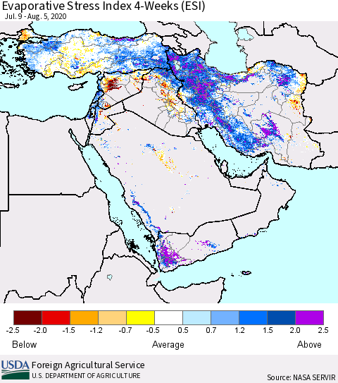 Middle East and Turkey Evaporative Stress Index (ESI), 4-Weeks Thematic Map For 8/3/2020 - 8/9/2020