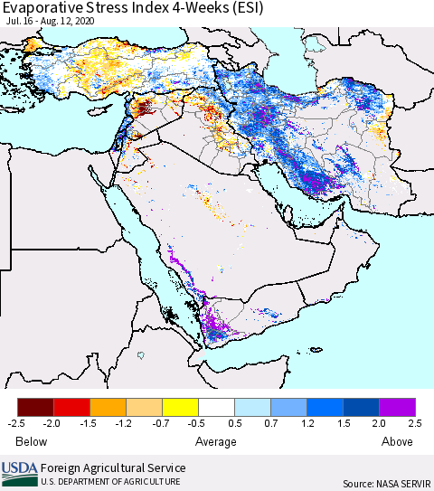 Middle East and Turkey Evaporative Stress Index (ESI), 4-Weeks Thematic Map For 8/10/2020 - 8/16/2020