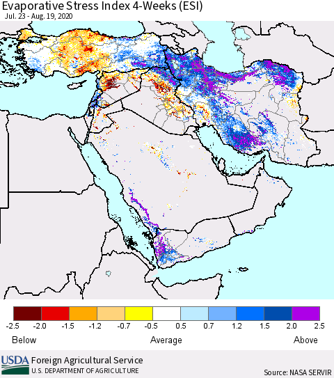 Middle East and Turkey Evaporative Stress Index (ESI), 4-Weeks Thematic Map For 8/17/2020 - 8/23/2020