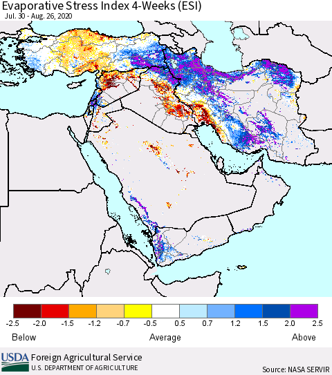 Middle East and Turkey Evaporative Stress Index (ESI), 4-Weeks Thematic Map For 8/24/2020 - 8/30/2020