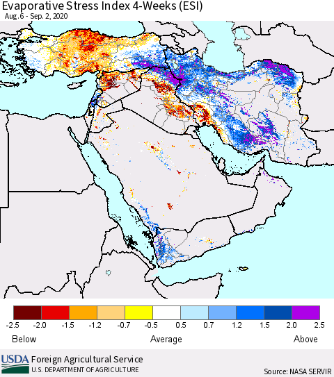 Middle East and Turkey Evaporative Stress Index (ESI), 4-Weeks Thematic Map For 8/31/2020 - 9/6/2020