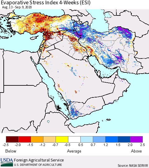Middle East and Turkey Evaporative Stress Index (ESI), 4-Weeks Thematic Map For 9/7/2020 - 9/13/2020