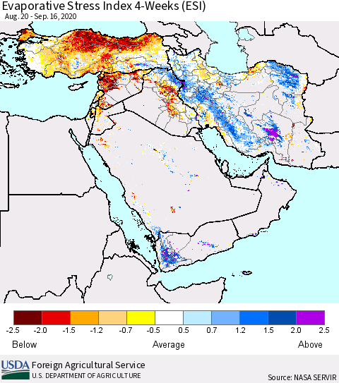 Middle East and Turkey Evaporative Stress Index (ESI), 4-Weeks Thematic Map For 9/14/2020 - 9/20/2020