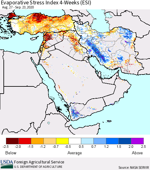 Middle East and Turkey Evaporative Stress Index (ESI), 4-Weeks Thematic Map For 9/21/2020 - 9/27/2020
