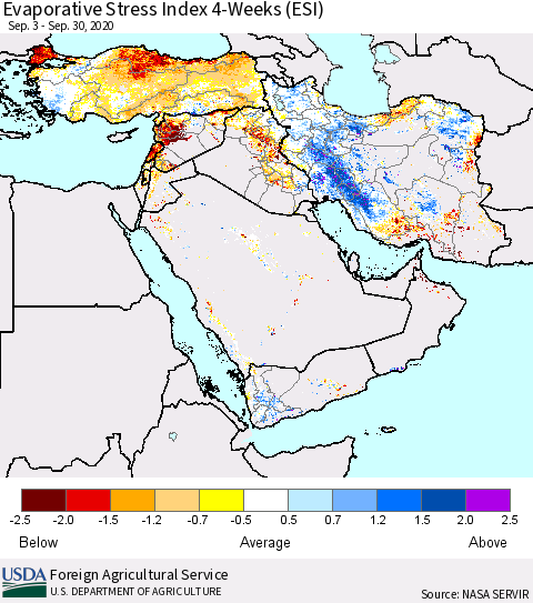 Middle East and Turkey Evaporative Stress Index (ESI), 4-Weeks Thematic Map For 9/28/2020 - 10/4/2020