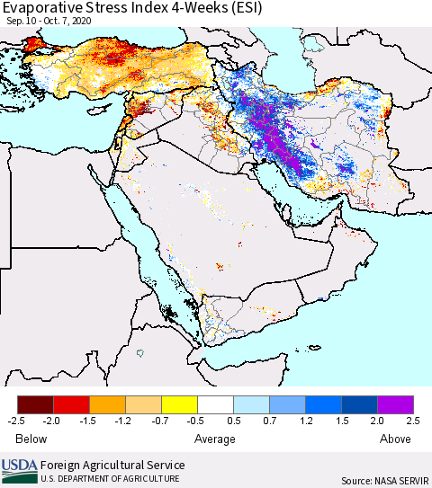 Middle East and Turkey Evaporative Stress Index (ESI), 4-Weeks Thematic Map For 10/5/2020 - 10/11/2020