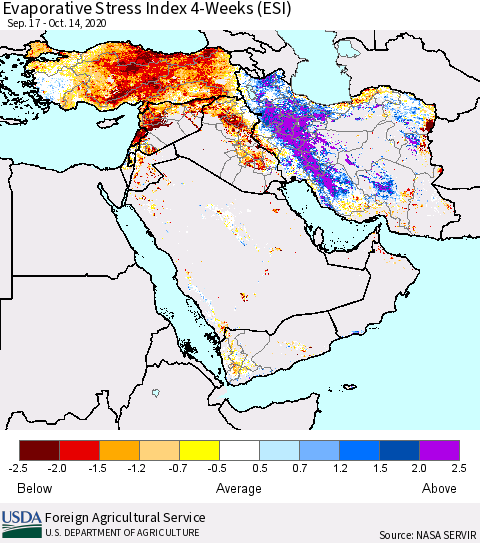 Middle East and Turkey Evaporative Stress Index (ESI), 4-Weeks Thematic Map For 10/12/2020 - 10/18/2020