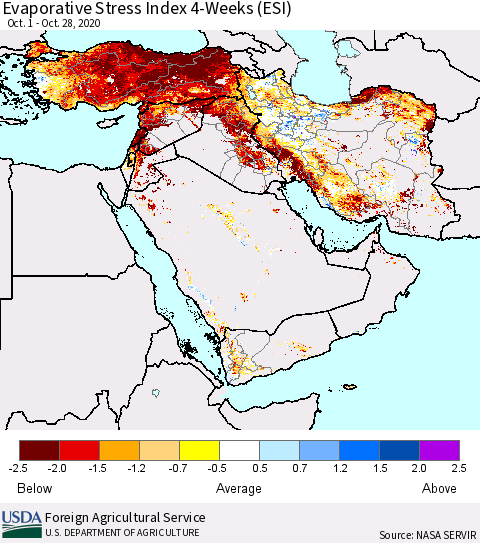 Middle East and Turkey Evaporative Stress Index (ESI), 4-Weeks Thematic Map For 10/26/2020 - 11/1/2020