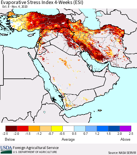 Middle East and Turkey Evaporative Stress Index (ESI), 4-Weeks Thematic Map For 11/2/2020 - 11/8/2020