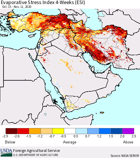 Middle East and Turkey Evaporative Stress Index (ESI), 4-Weeks Thematic Map For 11/9/2020 - 11/15/2020