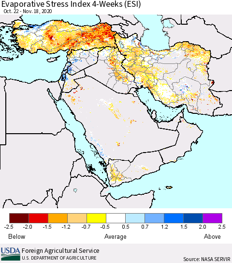 Middle East and Turkey Evaporative Stress Index (ESI), 4-Weeks Thematic Map For 11/16/2020 - 11/22/2020
