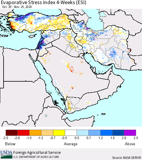 Middle East and Turkey Evaporative Stress Index (ESI), 4-Weeks Thematic Map For 11/23/2020 - 11/29/2020