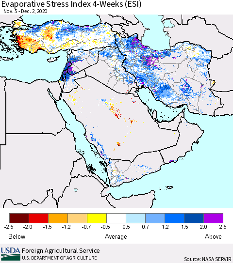 Middle East and Turkey Evaporative Stress Index (ESI), 4-Weeks Thematic Map For 11/30/2020 - 12/6/2020