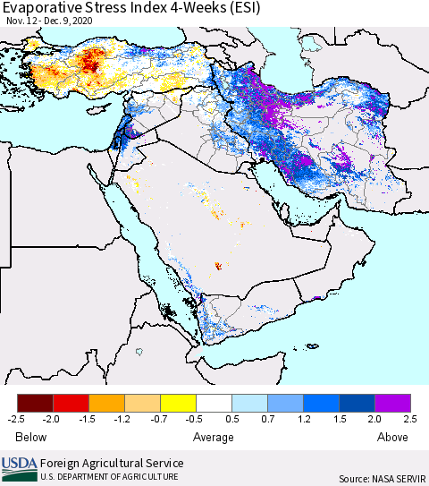 Middle East and Turkey Evaporative Stress Index (ESI), 4-Weeks Thematic Map For 12/7/2020 - 12/13/2020
