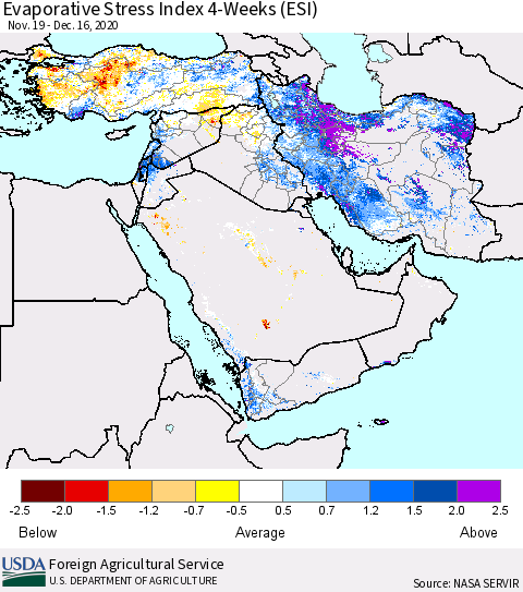 Middle East and Turkey Evaporative Stress Index (ESI), 4-Weeks Thematic Map For 12/14/2020 - 12/20/2020