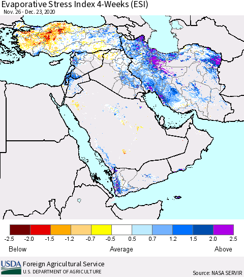 Middle East and Turkey Evaporative Stress Index (ESI), 4-Weeks Thematic Map For 12/21/2020 - 12/27/2020