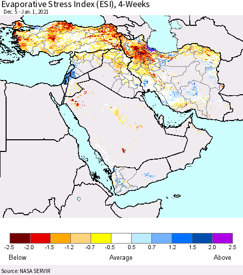 Middle East and Turkey Evaporative Stress Index (ESI), 4-Weeks Thematic Map For 12/28/2020 - 1/3/2021