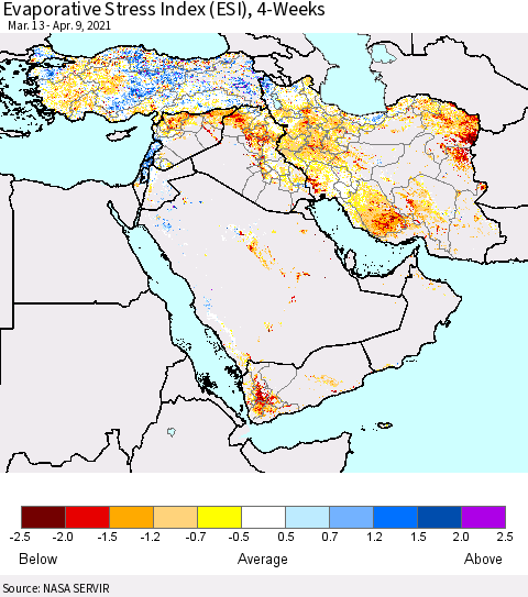 Middle East and Turkey Evaporative Stress Index (ESI), 4-Weeks Thematic Map For 4/5/2021 - 4/11/2021