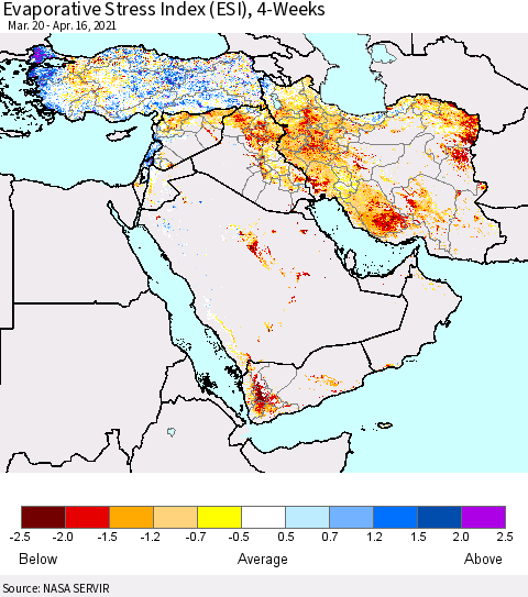 Middle East and Turkey Evaporative Stress Index (ESI), 4-Weeks Thematic Map For 4/12/2021 - 4/18/2021