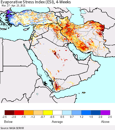Middle East and Turkey Evaporative Stress Index (ESI), 4-Weeks Thematic Map For 4/19/2021 - 4/25/2021