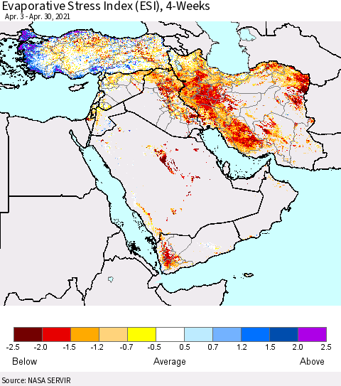 Middle East and Turkey Evaporative Stress Index (ESI), 4-Weeks Thematic Map For 4/26/2021 - 5/2/2021