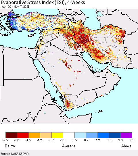 Middle East and Turkey Evaporative Stress Index (ESI), 4-Weeks Thematic Map For 5/3/2021 - 5/9/2021